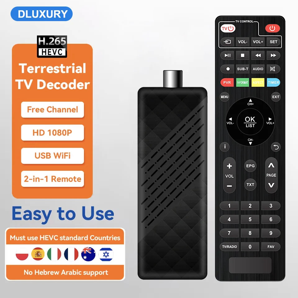 Dluxury New DVB T2 DVB C H.265 Digital TV Decoder HD Free TV Channels 7Days EPG TV Tuner TV STICK for Spain France Itlay ect