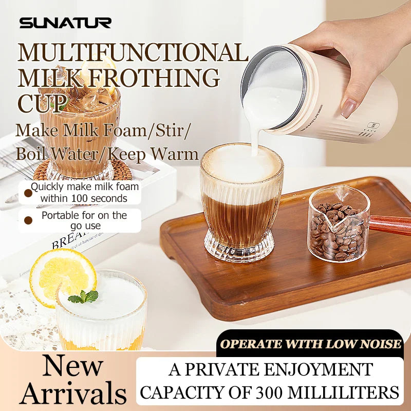 SUNATUR 300ml mixing cup electric milk frother  Coffee Foamer Machine Automatic Heat Portable water boiling cup thermos
