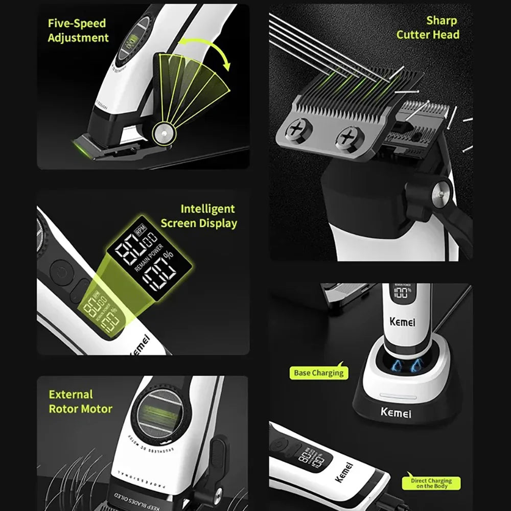 Kemei 1593 Barber Professional Hair Clipper Rechargeable Trimmer Electric Hair Cutting Machine External Rotor Brushless Motor