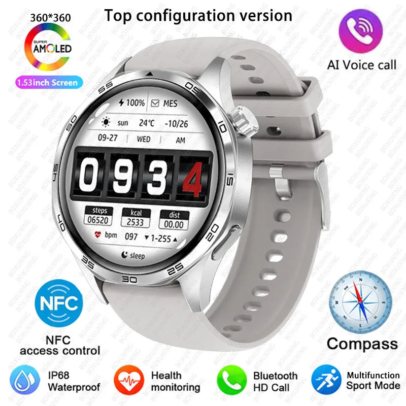 BOXUXING 2026 New GPS NFC Smart Watch 5 Pro Men 360*360 AMOLED Screen Heart rate Bluetooth Call IP68 Waterproof Man Smartwatch