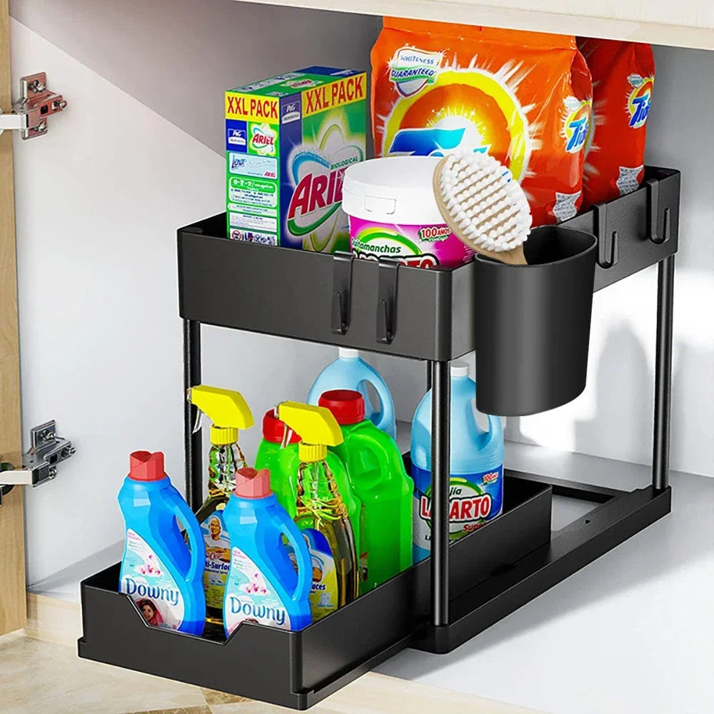 Two-level Pull-down Sink Shelving Sliding Cabinet Basket Shelving Storage Shelf Hanging Cup Bathroom Kitchen Shelving