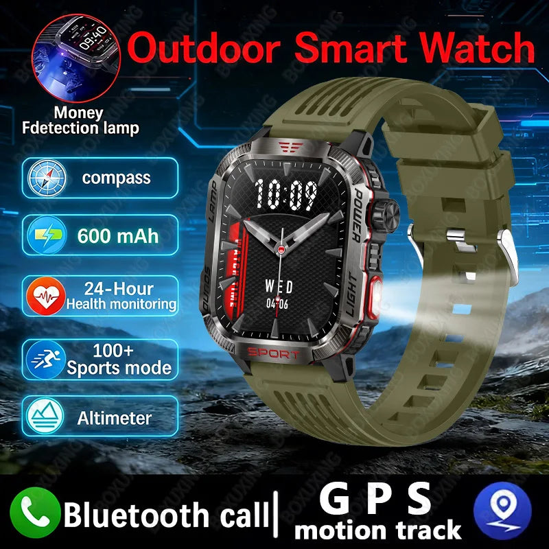 2026 New LED flashlight Military Smart Watch Men IP68 GPS Outdoor Sports Fitness Tracker Health Monitor 2.01" BT Call Smartwatch