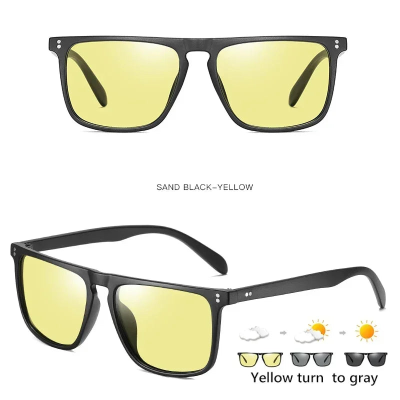 Available Trendy Flat Top Square Photochromic Glasses Stylish Sports Eyewear for Car Running Driving Vacation Travel and Fishing