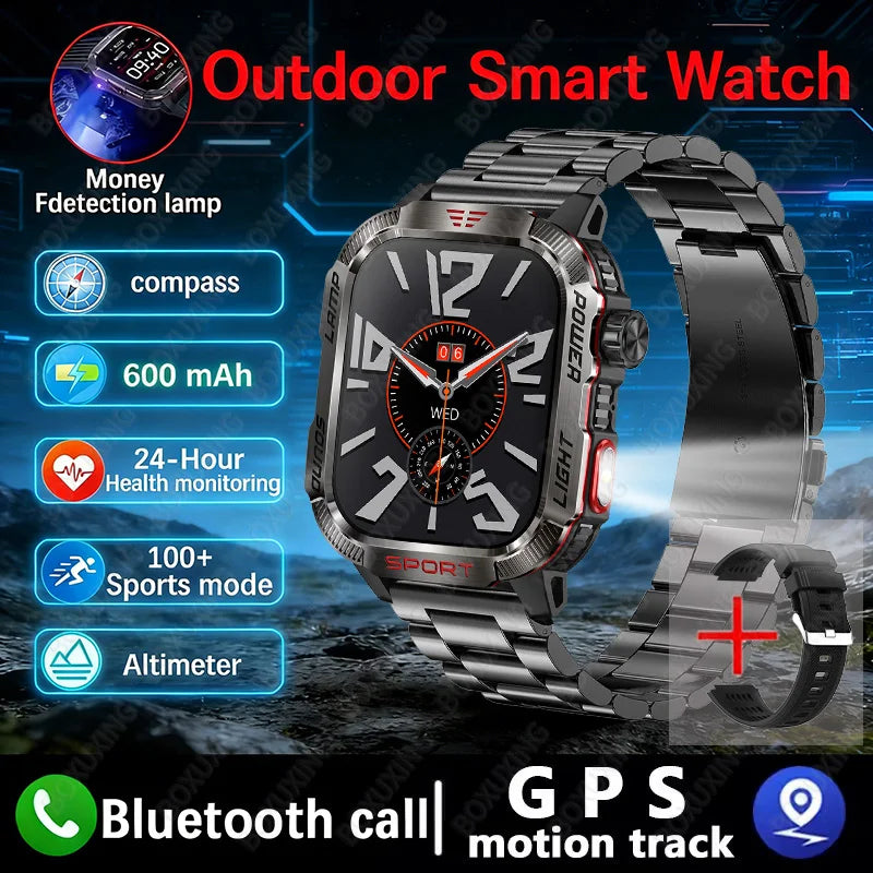 2026 New LED flashlight Military Smart Watch Men IP68 GPS Outdoor Sports Fitness Tracker Health Monitor 2.01" BT Call Smartwatch
