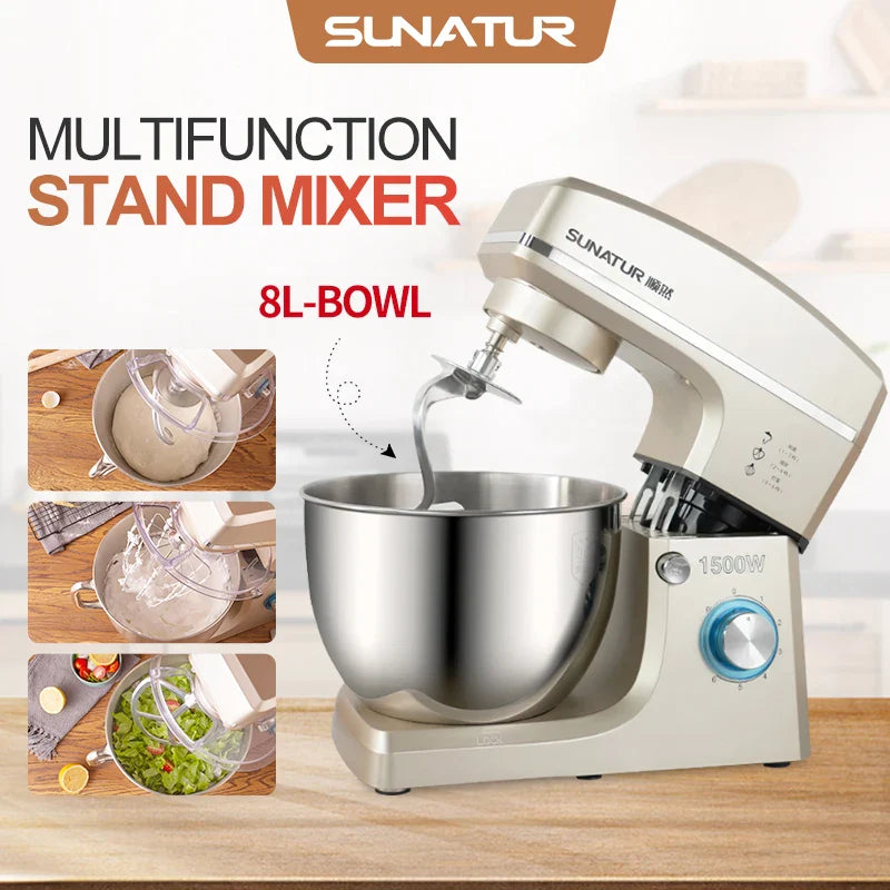 SUNATUR 8L Stand Mixer 1500w Electric Food Processor Commercial auto Dough Kneader planetary mixer Timed ferment Filling Mixer