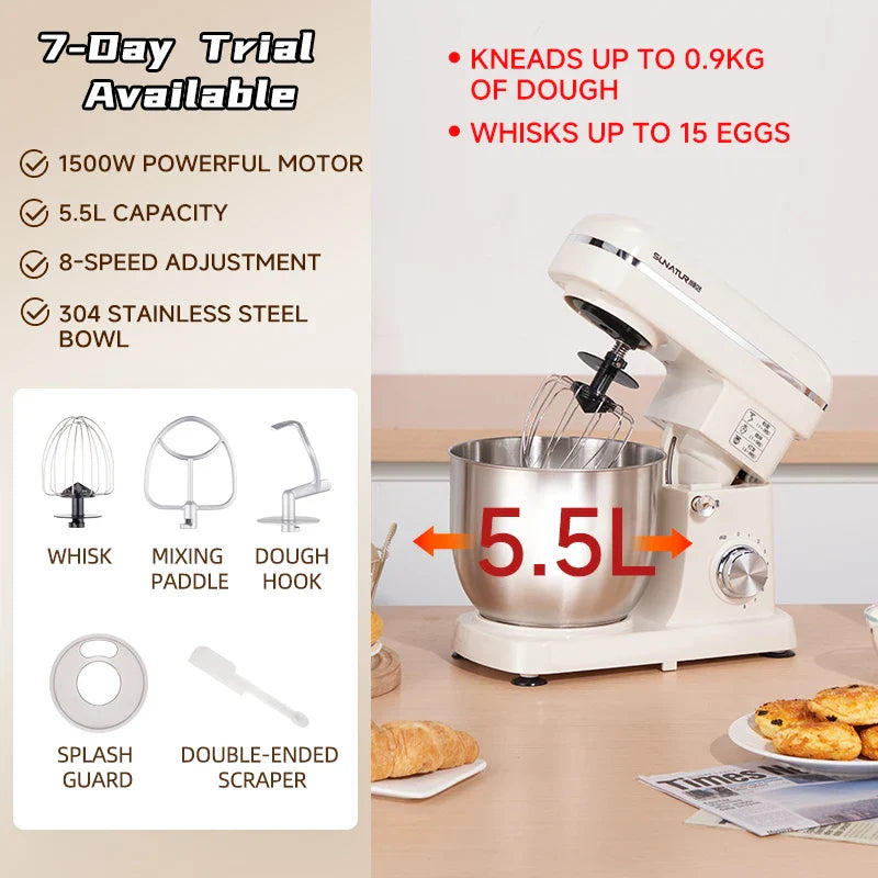 SUNATUR Electric Stand Mixer Professional Kitchen Mixer Egg Beater Cream Whisk Dough Mixer Home Commercial Use