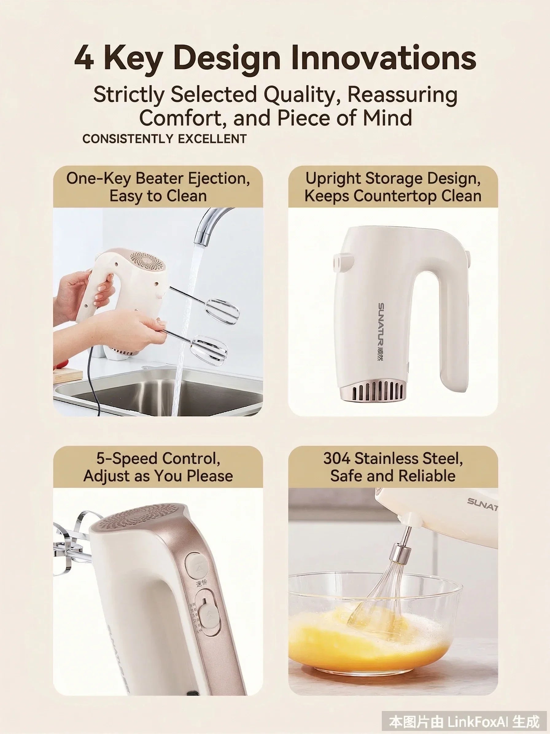 SUNATUR 350W 5-Speed Electric Hand Mixer, Pure Copper Motor One-Key Eject Storage Base Quiet Whisk for Home Baking