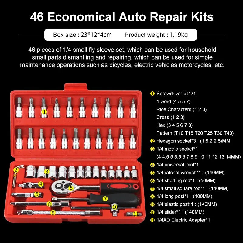 46-Piece Car Repair Tool Set 1/4-Inch Socket Set Car Repair Tools Pry Ratchet Torque Wrench Combo Auto Maintenance Tools