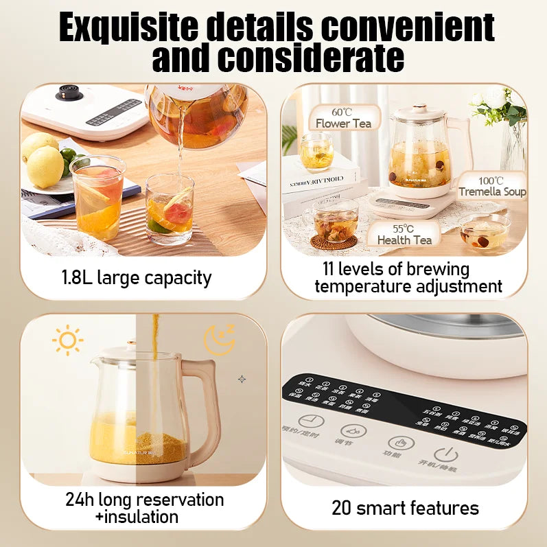 SUNATUR 1.8L Electric Glass Health Preserving Kettle,Stainless Steel,800W Fast Boil,24h Insulation