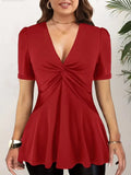 Plus Size Women's Blouses Front Knotted V Neck Blouse