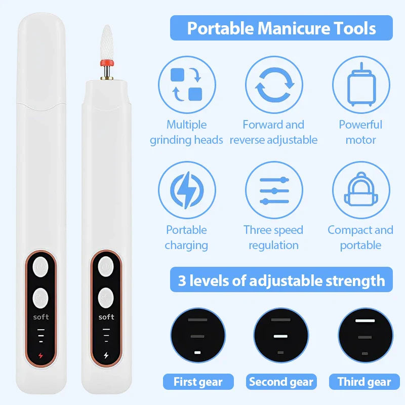 Electric Nail Grinder Nail Polishing Machine with Light Portable Mini Electric Manicure Pen for Gel Removing Polishing Dead Care