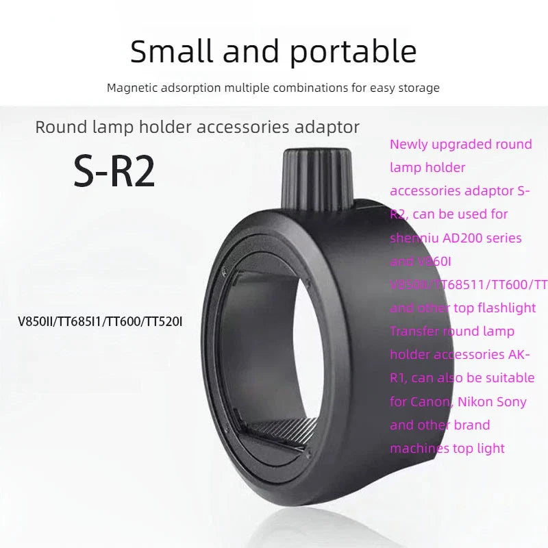 The newly upgraded round head accessory adapter S-R2 can be used for the Shenniu AD200 series and the V860I/V850II/TT685I1/TT600