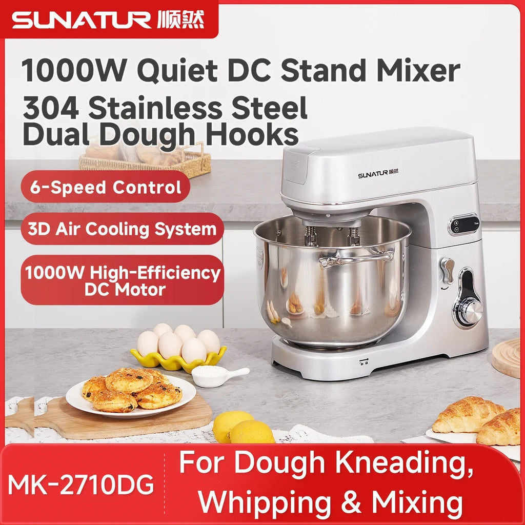 SUNATUR MK-2710DG 10L Stand Mixer, 1000W DC Low-Noise Dough Mixer with Dual 304 Stainless Steel Hooks, 6-Speed Electric Food Mix