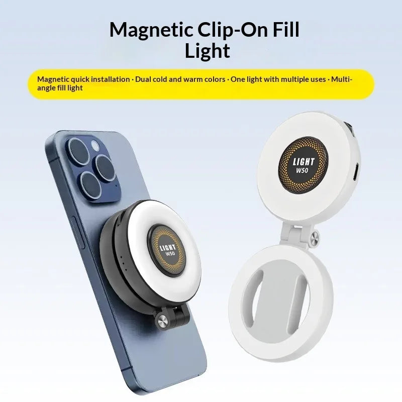W50 Mobile Phone Tablet Magnetic Fill Light, Portable Handheld Lighting for Horizontal and Vertical Shooting, Adjustable St