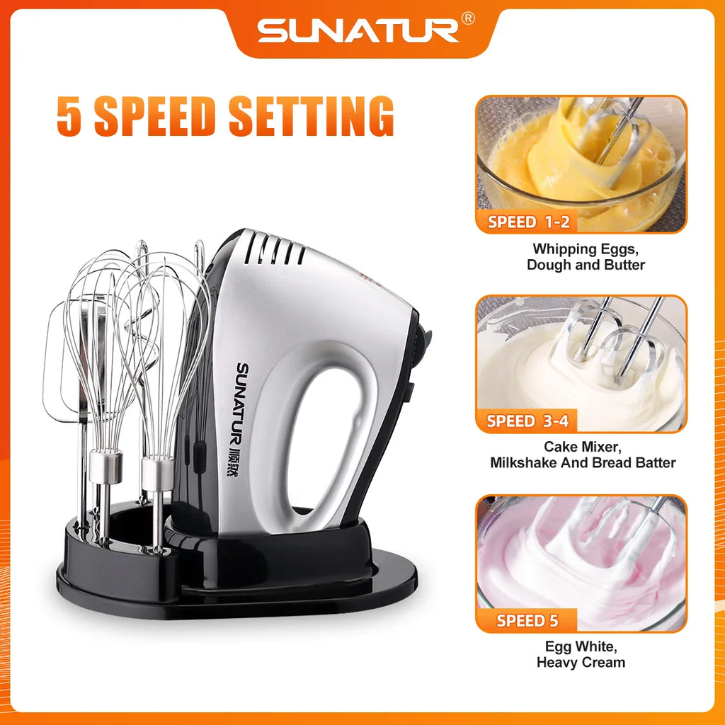SUNATUR 300W Electric Hand Mixer - 5-Speed Egg Beater with Storage Base&Stainless Steel Attachments