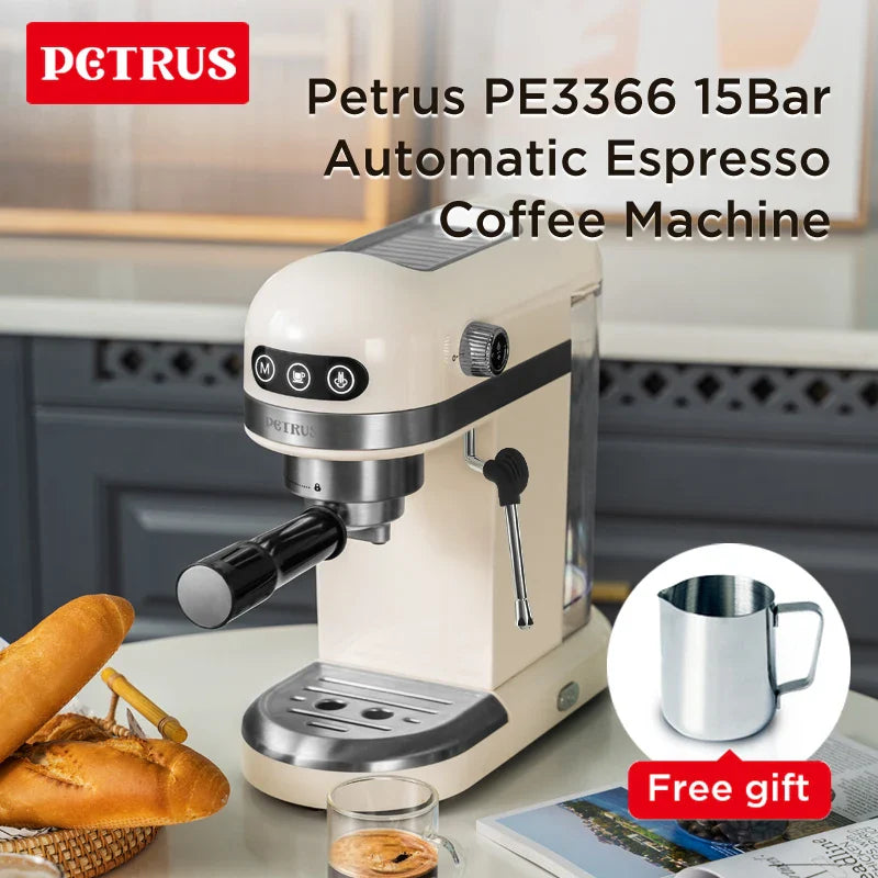 Petrus Espresso Coffee Maker Compact Coffee Machine 15 Bar With Foaming Milk Frother Automatic 2-Cup Shot Touch ConControl(220V)