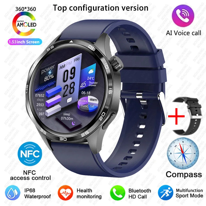 BOXUXING 2026 New Smart Watch Men Watch 5 Pro AMOLED HD Screen Bluetooth Call GPS Trajectory NFC Heart Rate Compass SmartWatches