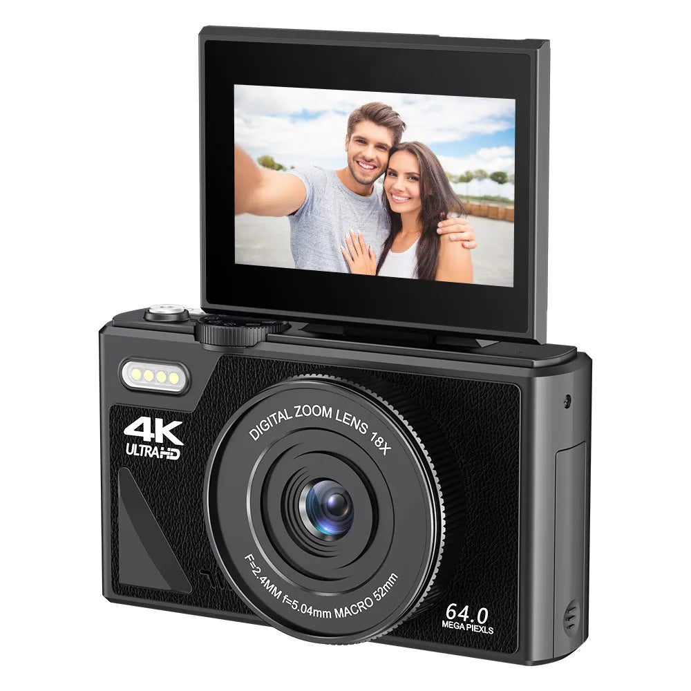 64MP 4K Digital Camera 180° Flip Screen 18X Zoom Selfie Vlog Camcorder Wide Angle Macro UHD Video Camera Livestream WiFi Webcam