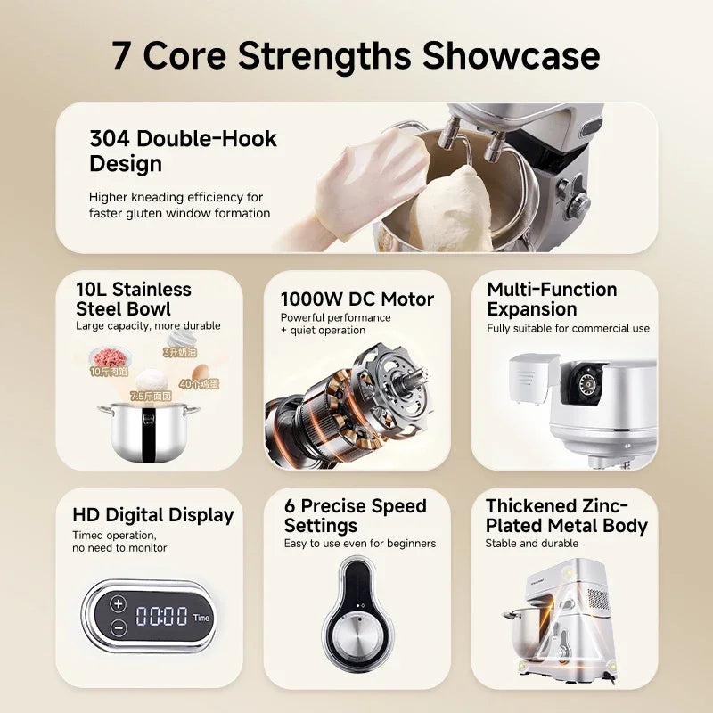 SUNATUR 10L Stand Mixer 1000W DC Quiet Dough Mixer Dual 304 Hooks 6 Speed Electric Food Mixer for Home Commercial