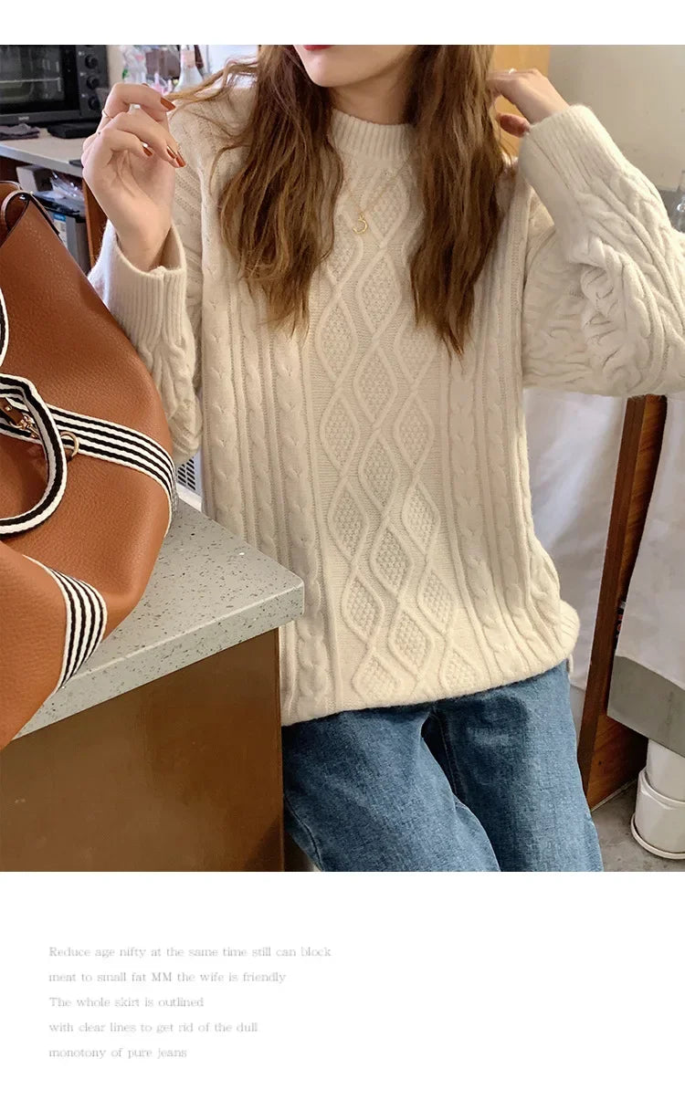 Plus Size Elegant Style Knit  Loose Fit Slimming Long Sleeve Sweater