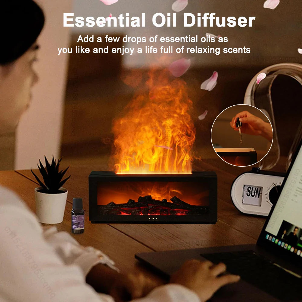 Aroma Air Humidifier Essential Oil Diffuser Fireplace Flame Humidifier Home Fragrance Diffuser with LED Light and Remote Control