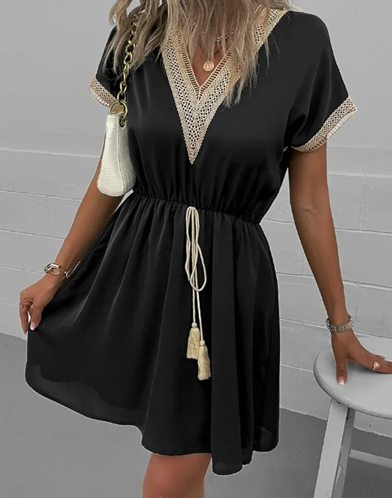Short Sleeve V-neck Ruffle Waist Cross-border  Elastic Waist Dress