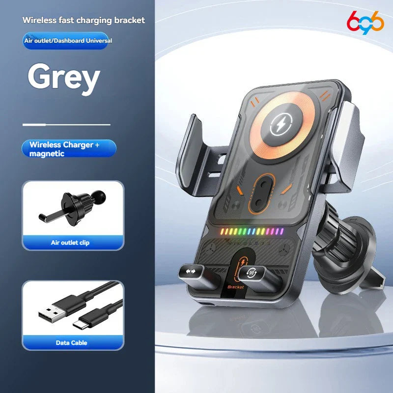 696 Car Holder With Dual Motor Electric Rotating Opening Closing Mobile Phone Holder Wireless Fast Charging Car Phone Bracket
