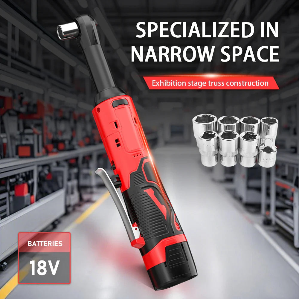 Extended 18V Electric Ratchet Cordless 90 Degree Right Angle Torque Lithium-Ion Wrench Auto Repair Tool Set