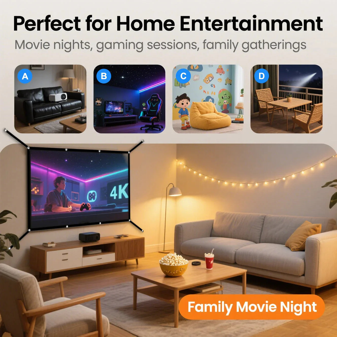 60-150 inch wall mounted foldable projection screen, simple home theater projection screen - extended version