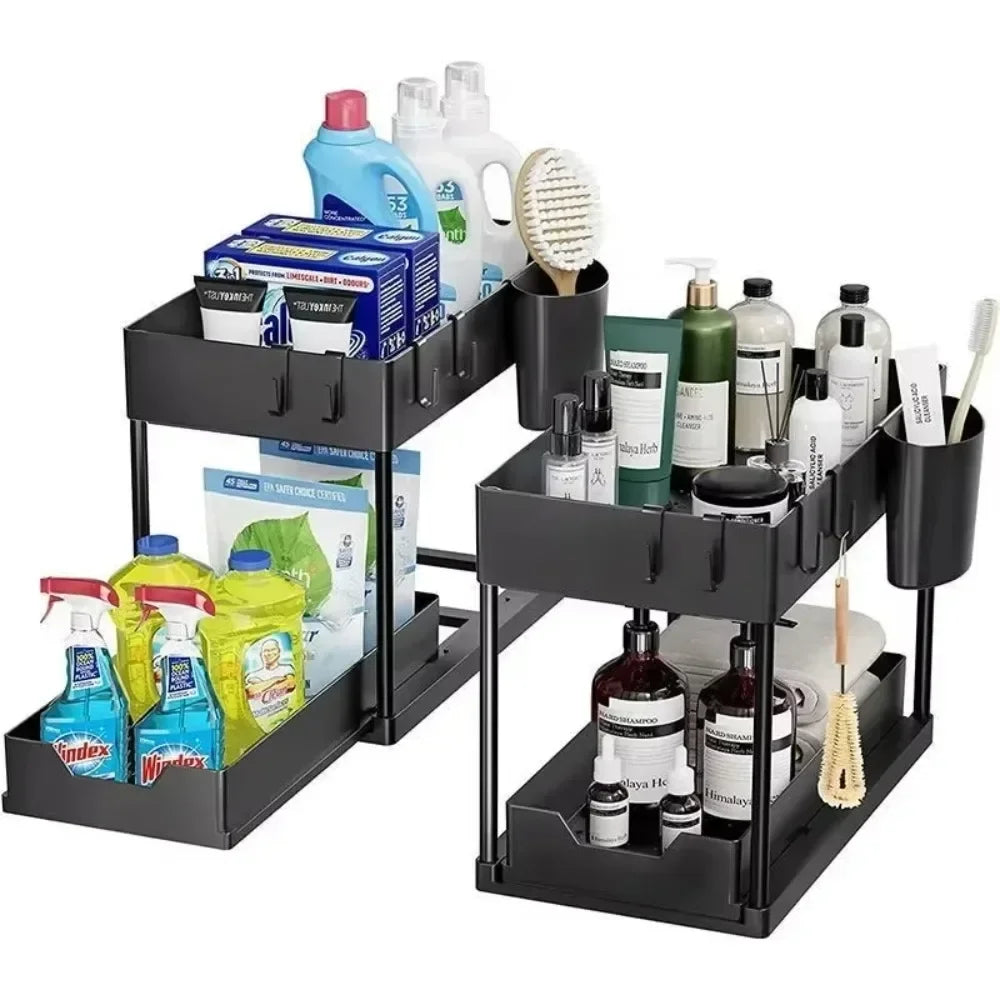 Two-level Pull-down Sink Shelving Sliding Cabinet Basket Shelving Storage Shelf Hanging Cup Bathroom Kitchen Shelving