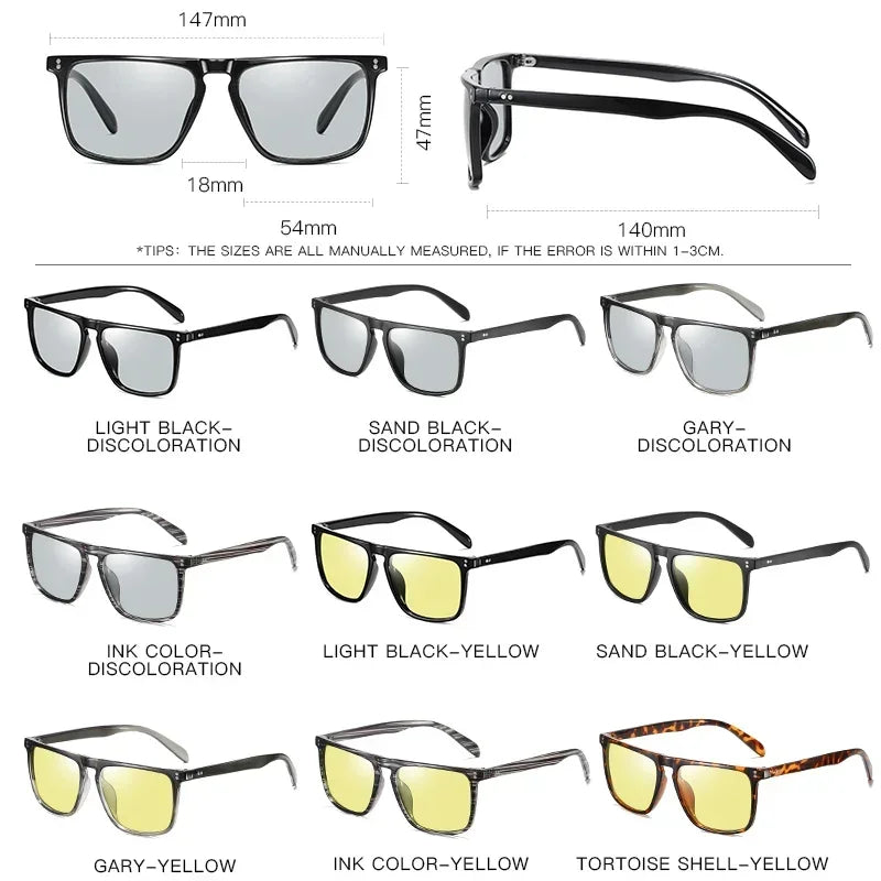 Available Trendy Flat Top Square Photochromic Glasses Stylish Sports Eyewear for Car Running Driving Vacation Travel and Fishing