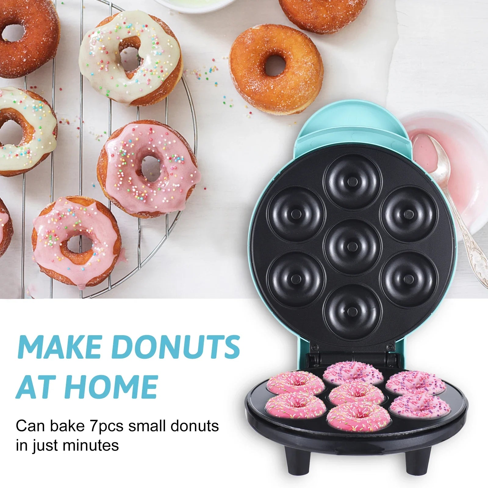 Donut Maker Machine 700W Double-sided Heating Non-stick Coating 7 Doughnuts Electric Donut Maker Machine for Breakfast Dessert