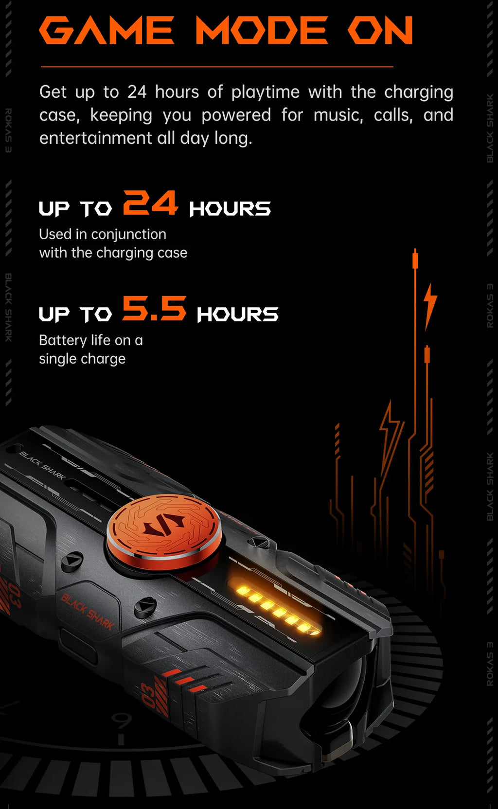 Black Shark Rokas 3 TWS Wireless Earbuds, with HIFI Stereo, Bluetooth 5.4, Fidget Spinner 24H Battery Life RGB Light Low Latency