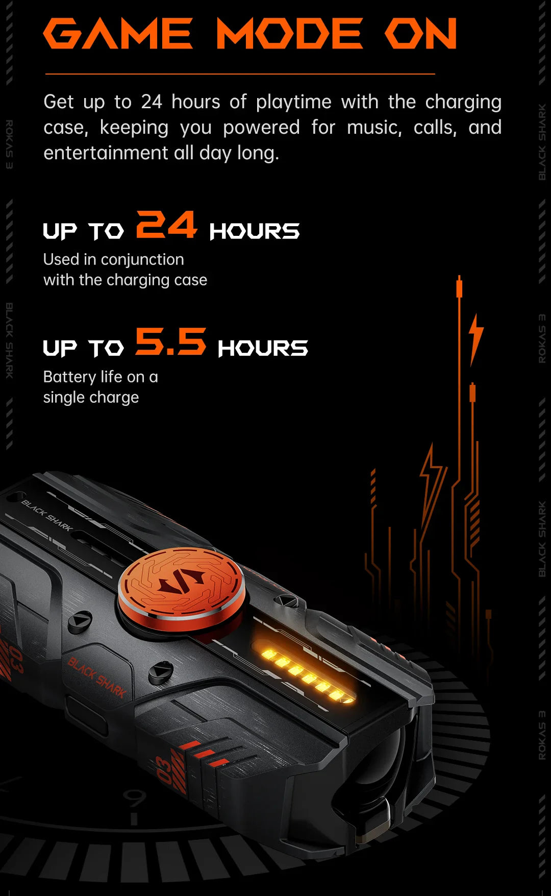 Black Shark Rokas 3 TWS Wireless Earbuds, with HIFI Stereo, Bluetooth 5.4, Fidget Spinner 24H Battery Life RGB Light Low Latency