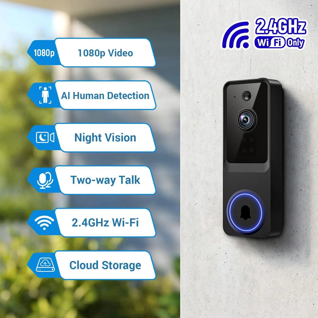 Wireless Video Doorbell Camera with Cloud Storage, Night Vision, Real-Time Alerts for Home Security