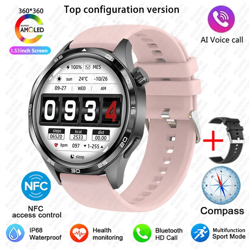 BOXUXING 2026 New Smart Watch Men Watch 5 Pro AMOLED HD Screen Bluetooth Call GPS Trajectory NFC Heart Rate Compass SmartWatches