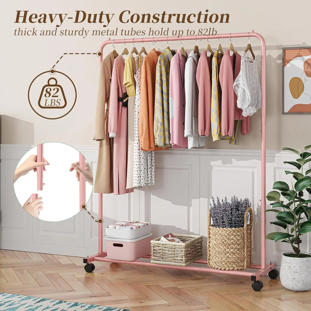 Purple Rolling Clothes Rack with Storage Shelves, 360° Wheels for Easy Mobility and Brake Lock