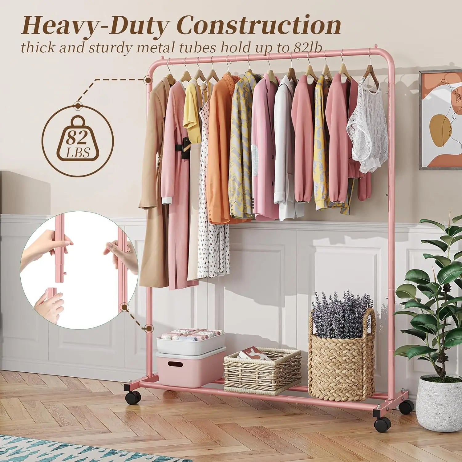 Purple Rolling Clothes Rack with Storage Shelves, 360° Wheels for Easy Mobility and Brake Lock