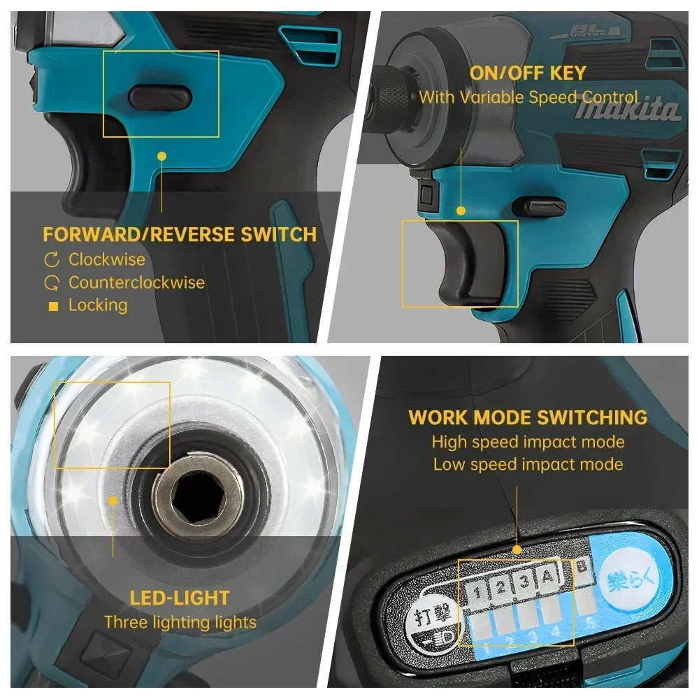 Makita 18V LXT Cordless Impact Driver DTD173 Brushless Electric Drill Screwdriver Wood/Bolt T1/T2-Mode Twin LED Light 180 N·m