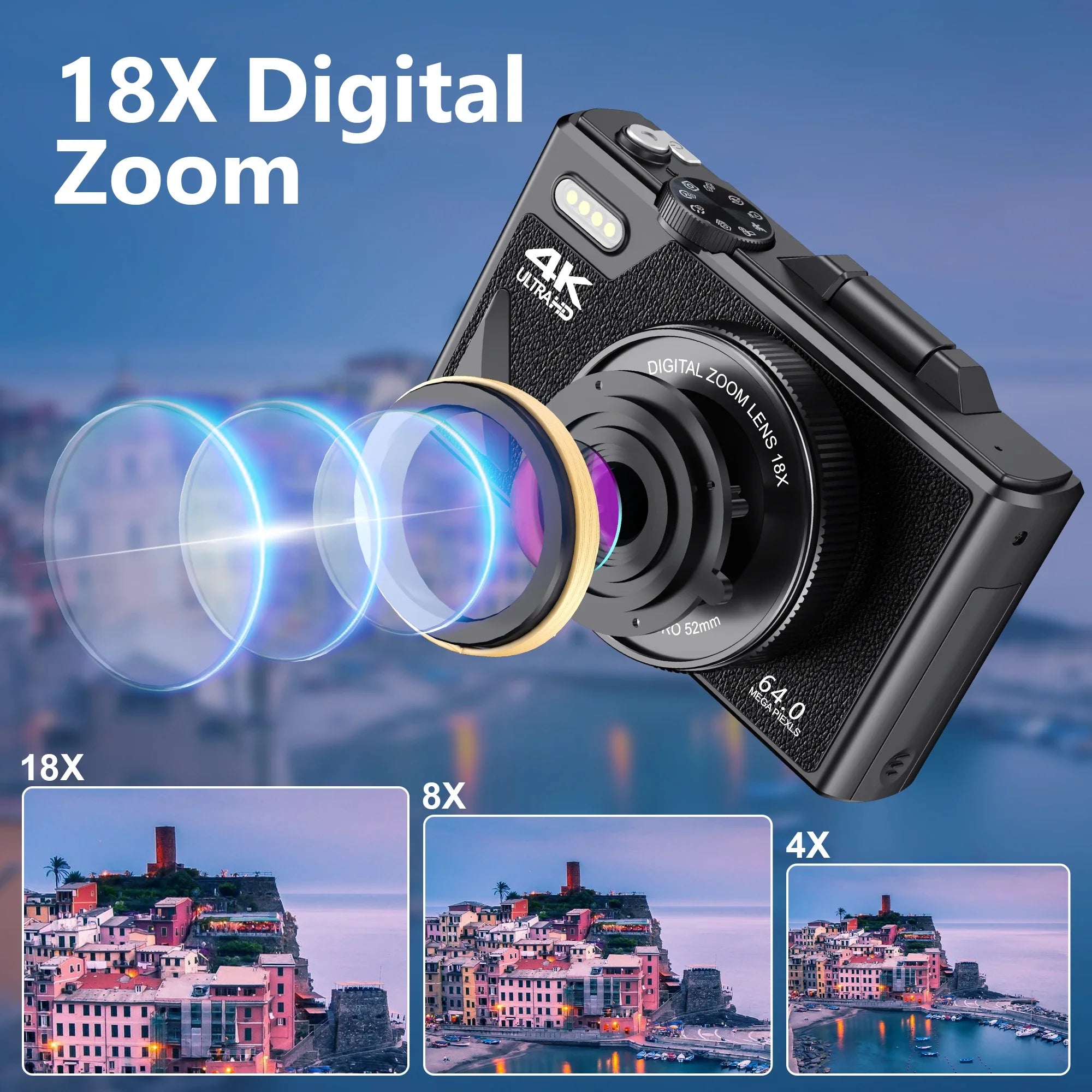 64MP 4K Digital Camera 180° Flip Screen 18X Zoom Selfie Vlog Camcorder Wide Angle Macro UHD Video Camera Livestream WiFi Webcam