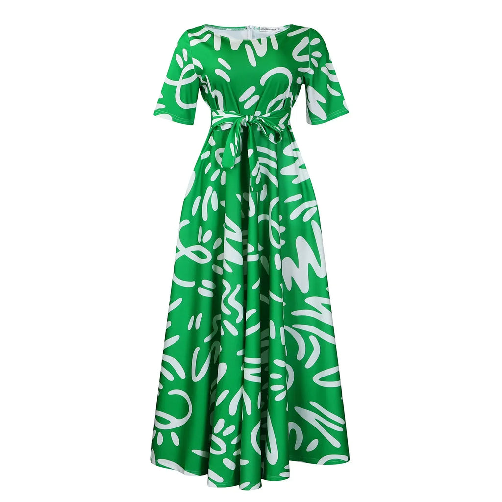 Printed Belted Dress Elegant  Knee-Length Round Neck Short Sleeve Dress