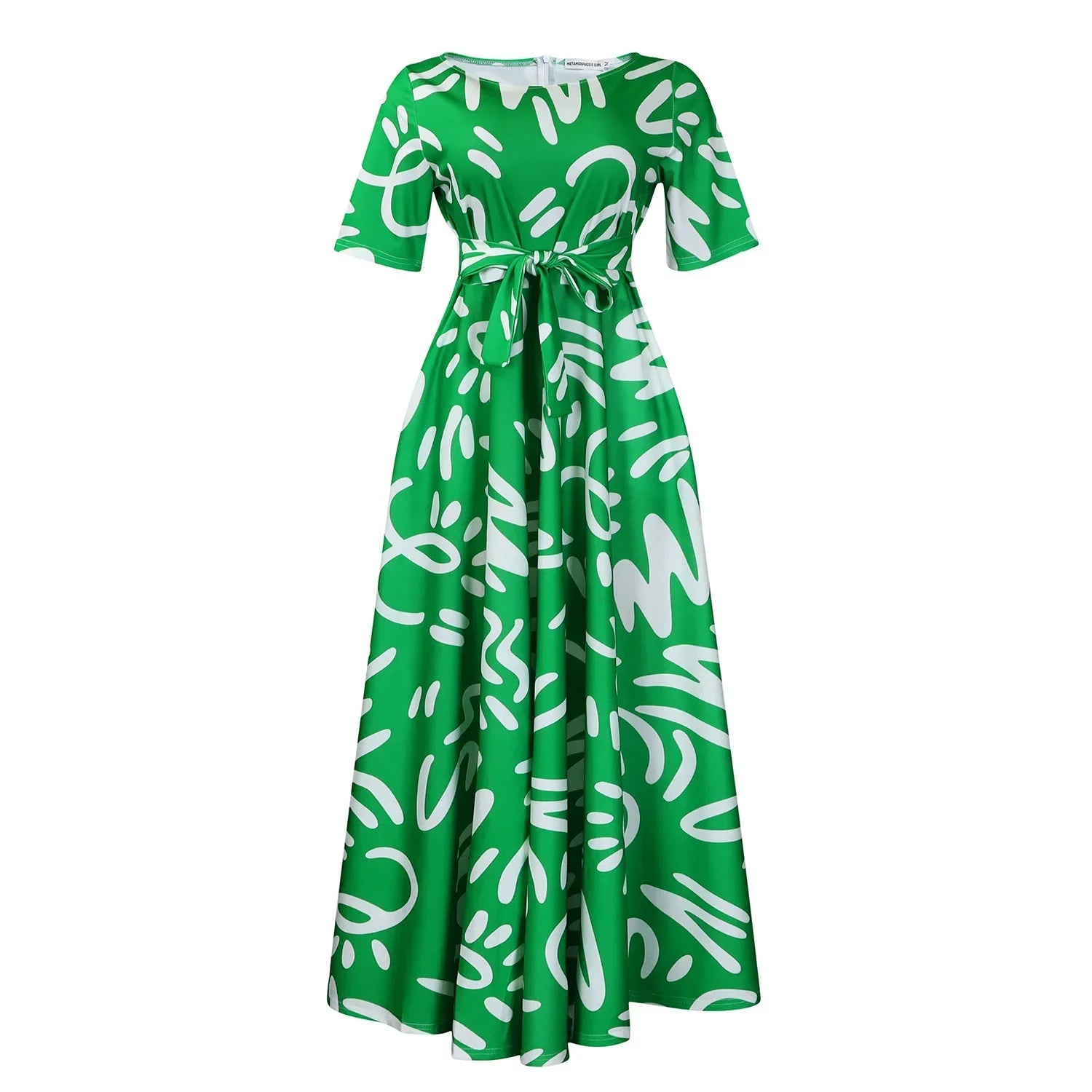 Printed Belted Dress Elegant  Knee-Length Round Neck Short Sleeve Dress
