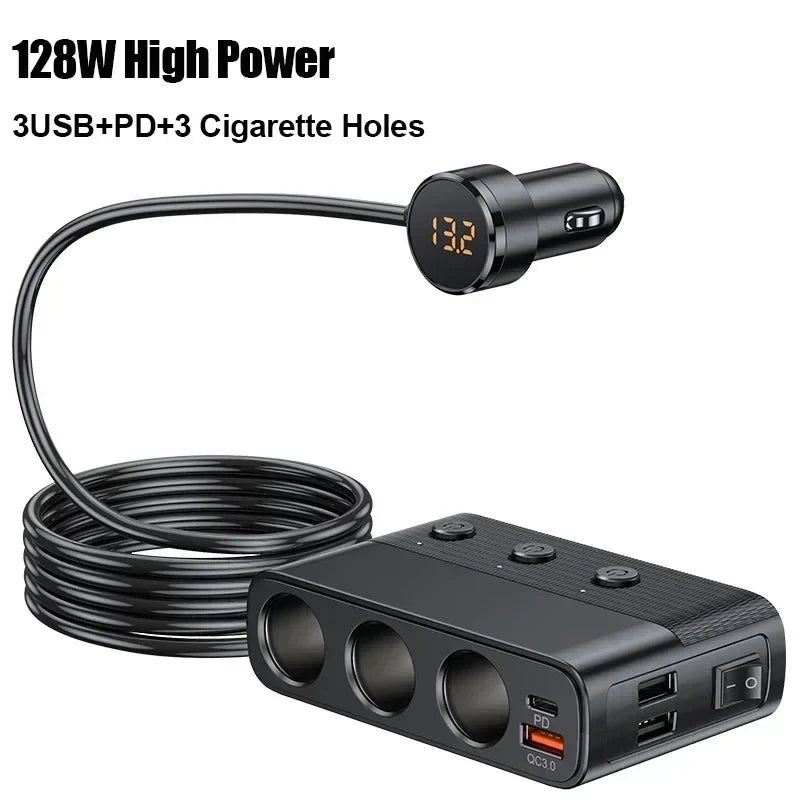Car Cigarette Lighter Socket Splitter With Switch 128W Car Charger Splitter Multi Ports PD30W QC3.0 Fast Charger Power Adapter