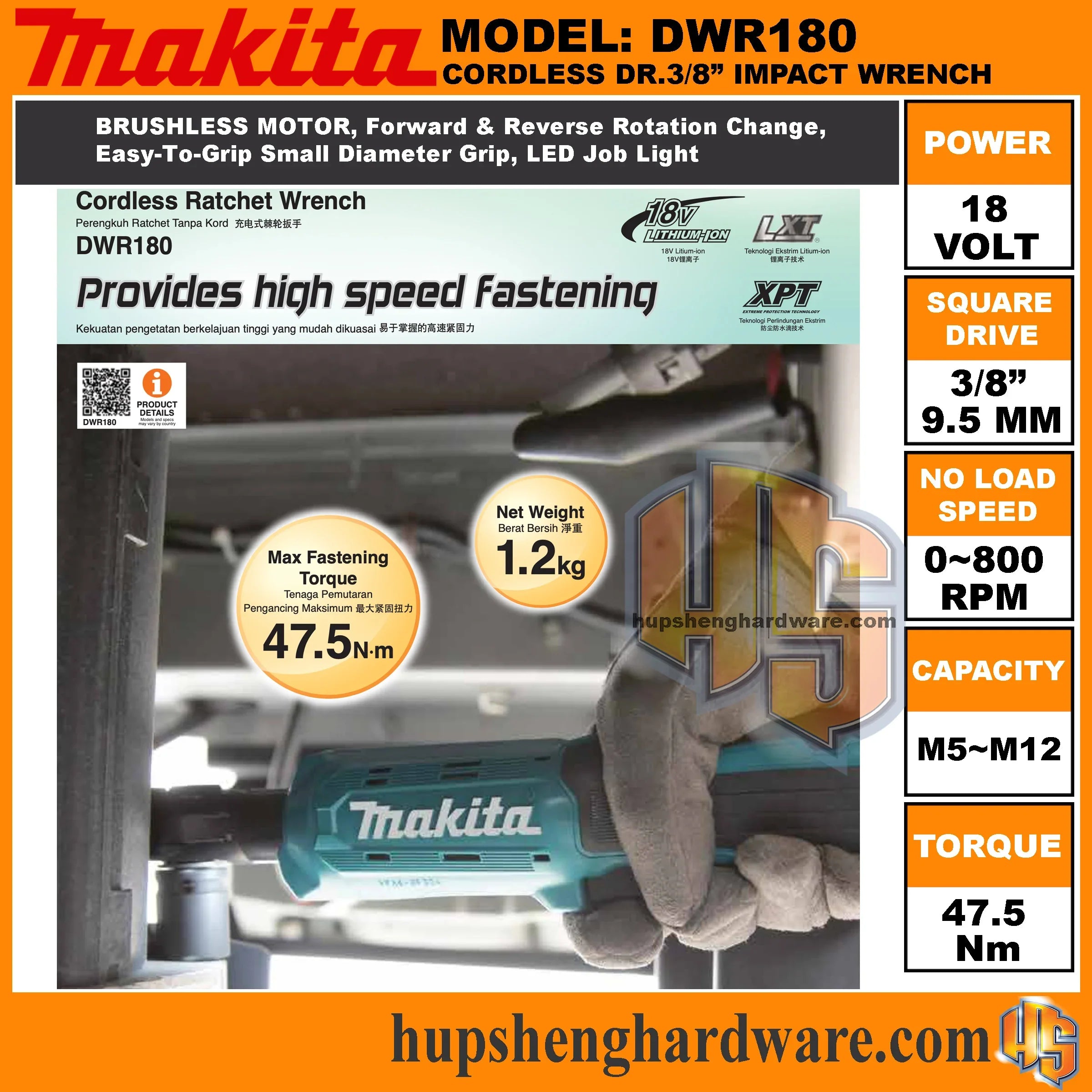 MAKITA DWR180Z 18V LXT Cordless Ratchet Wrench 6.35mm Drive 800RPM 47.5 N·m Compact Angle Wrench for Tight Spaces