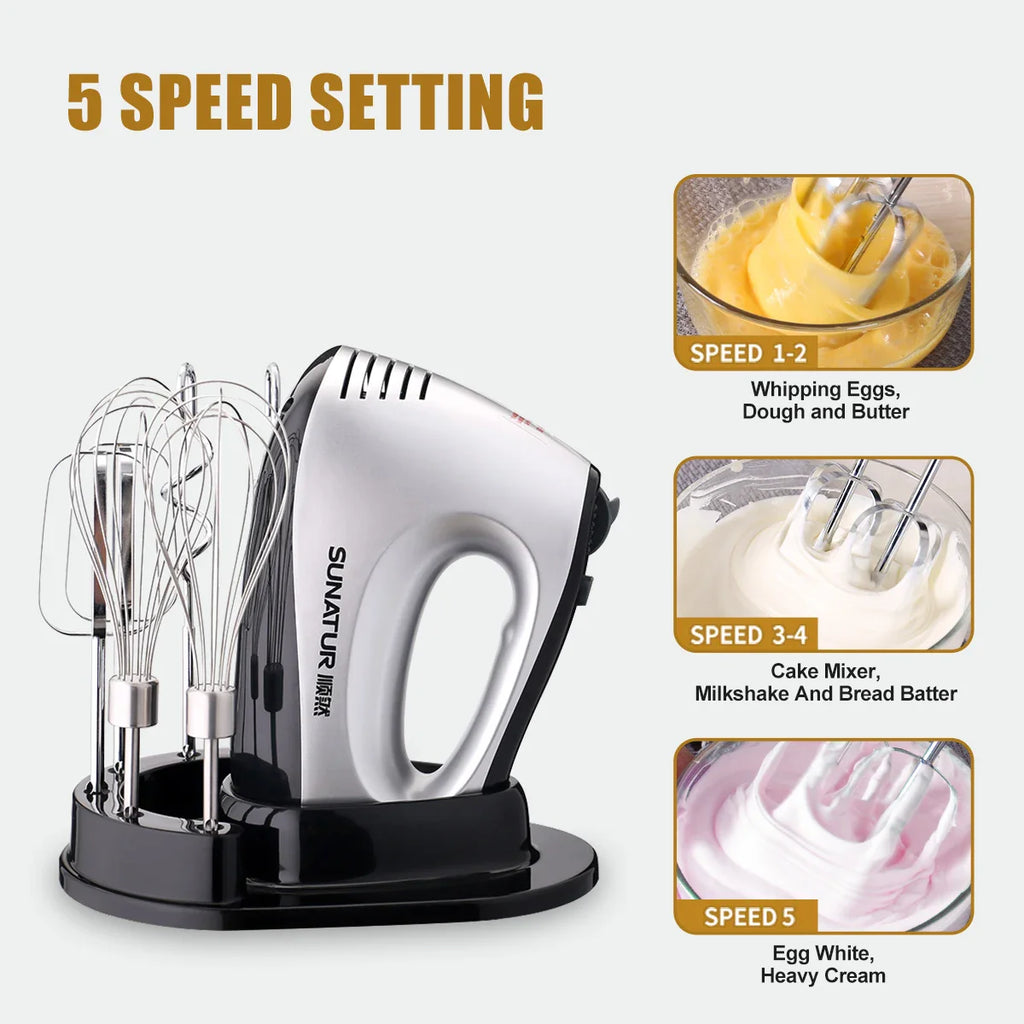 SUNATUR 300W Electric Hand Mixer - 5-Speed Egg Beater with Storage Base&Stainless Steel Attachments