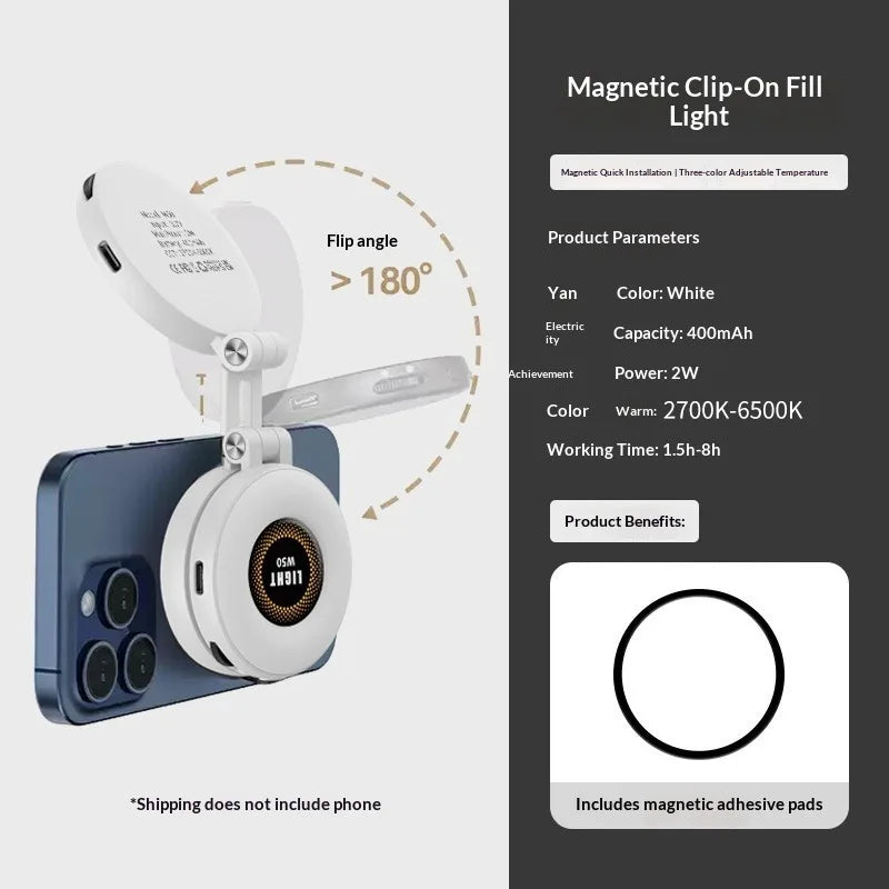 W50 Mobile Phone Tablet Magnetic Fill Light, Portable Handheld Lighting for Horizontal and Vertical Shooting, Adjustable St