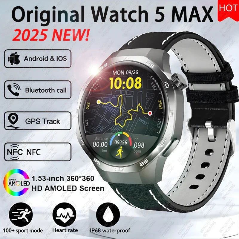 2025 New BOXUXING Watch 5 MAX Smart Watch AMOLED Screen NFC GPS Tracker Bluetooth Call Health Waterproof Smartwatch Men Women