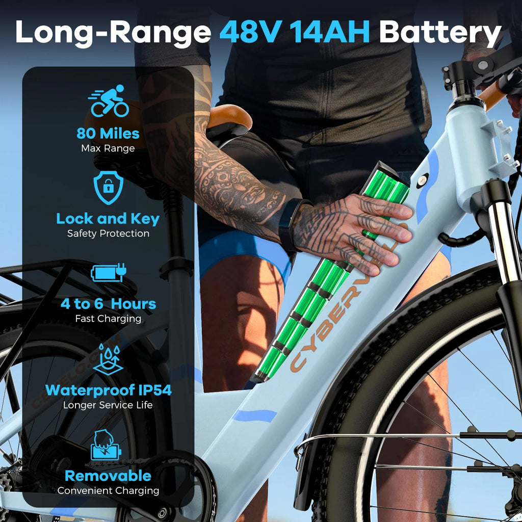 Cybervelo 26" Step-Thru Electric Bike for Adult,1000w Peak Motor 80Miles Range, 14ah Removable Battery City Commute Ebike EK2