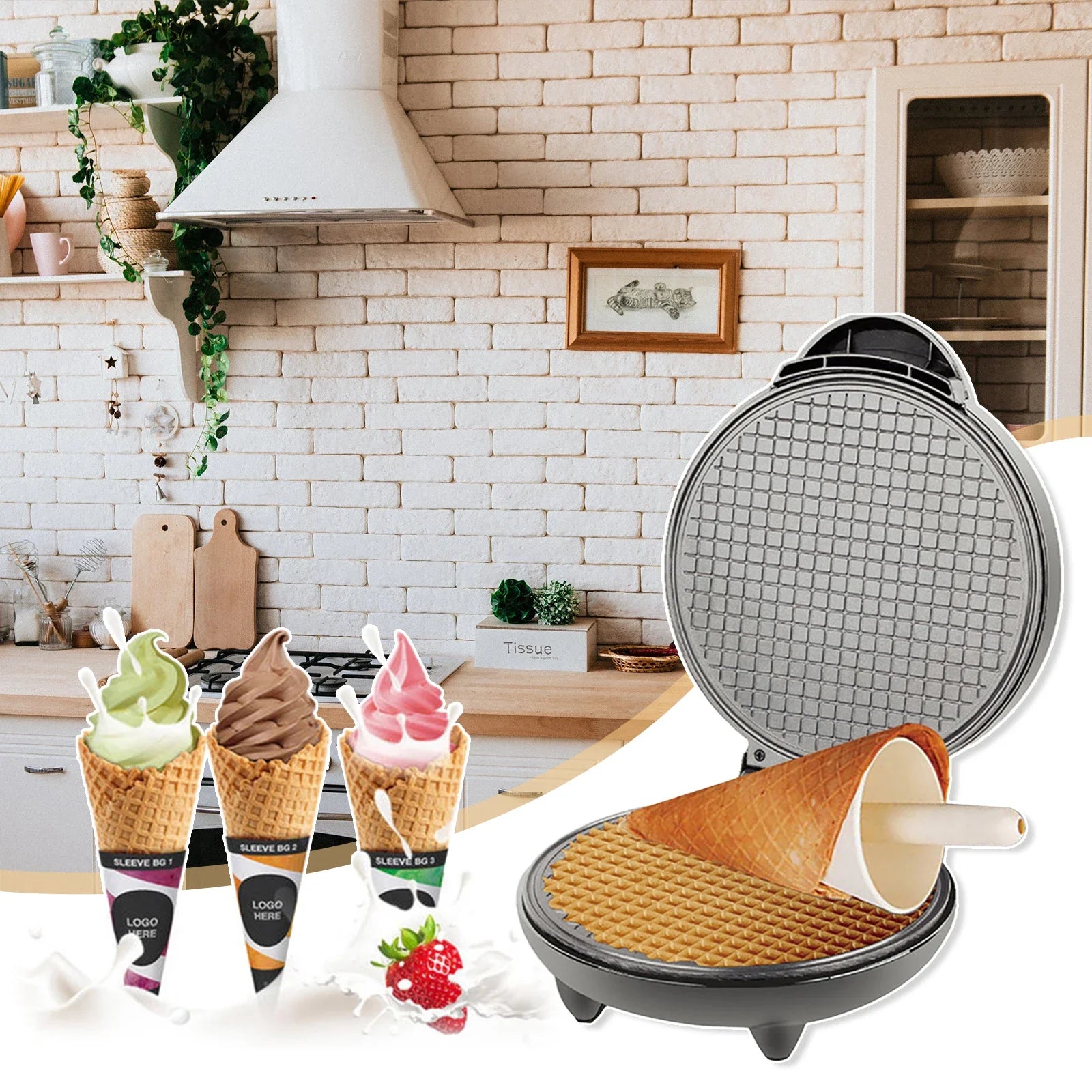 Electric Ice Cream Cone Maker Multi-function Breakfast Machine 1200W Waffle Maker Nonstick Baking Iron Machine Stainless Steel