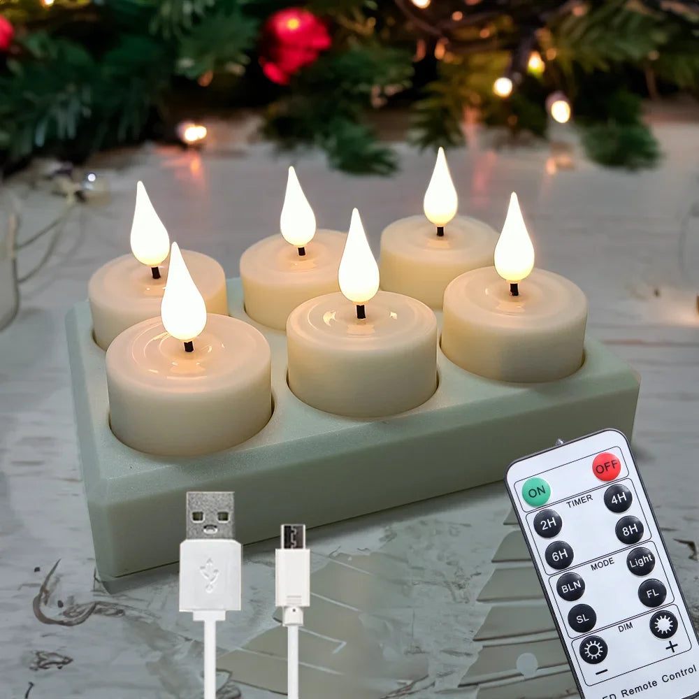 LED Candle Light Rechargeable Tea Lights Flameless Candles Led Light Timer Remote With Black Cups For Wedding Home Decor  Lamp